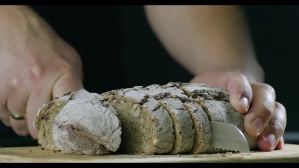 Man Neat Hands Cutting Bread Wooden Chopping Board — Stock Video