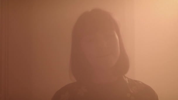 Beautiful Girl Dancing Warm Yellow Light Coming Fog — Stock Video