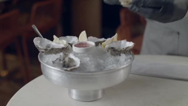 Chef At The Seafood Bar Opening With The Knife And Serving Oysters On A Special Ice Plate Shot On RED Camera — Stock Video