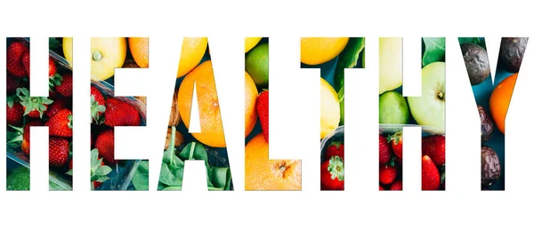Healthy Text Image Composite Healthy Word Text Applied Collages Fruit — Stock Photo, Image