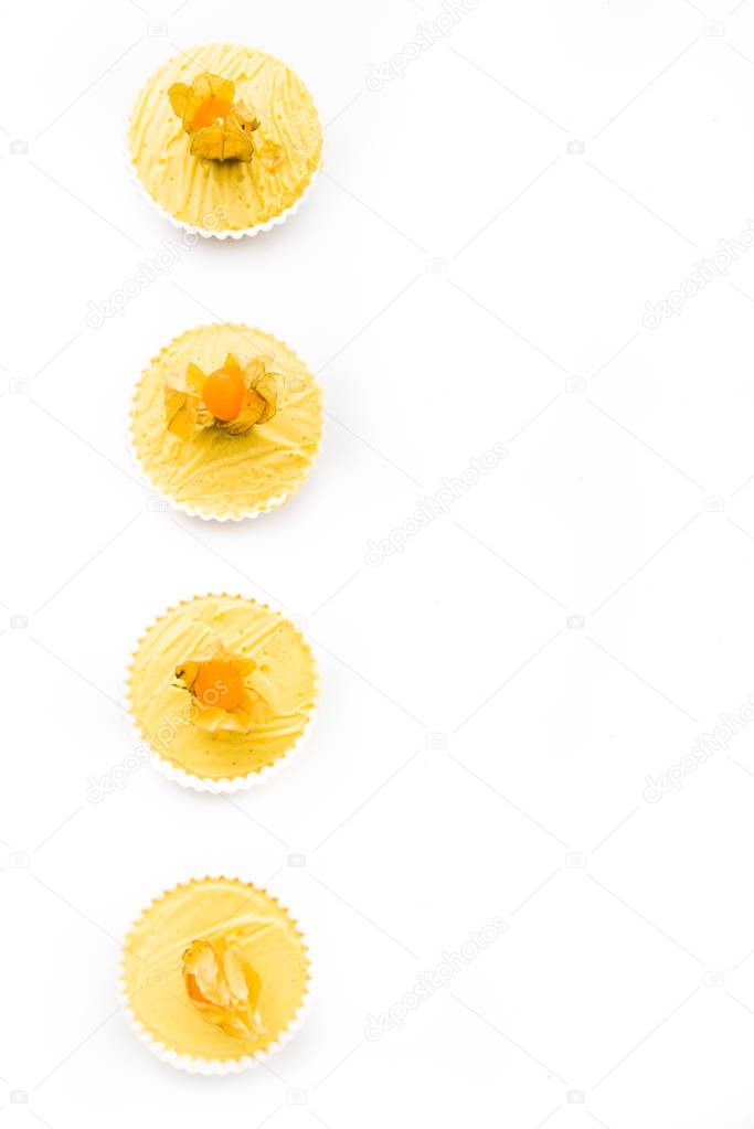 Rows of Creme catalana or creme brulee topped with alchekengi fruit, prepared to be caramelized on a white background,copyspace left.