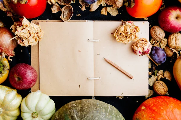 Fond Alimentaire Automnal Avec Pommes Kaki Citrouilles Noix Aux Fleurs — Photo