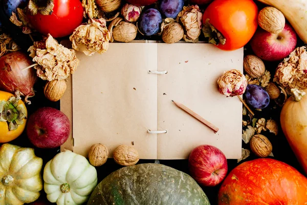 Herbstliche Lebensmittel Hintergrund Mit Äpfeln Kaki Kürbissen Nüssen Mit Getrockneten — Stockfoto