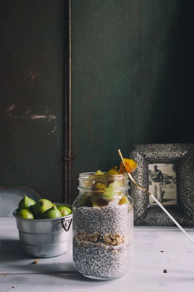 Chia Seeds Fig Pudding Glass Mason Jar Rustic Environment Dark — Stock Photo, Image