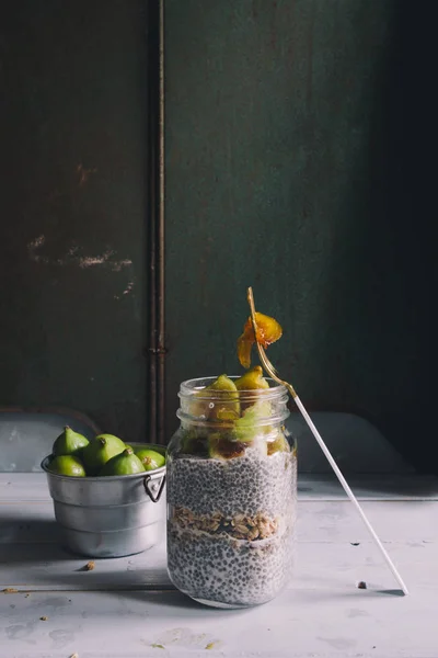 Chia Seeds Fig Pudding Glass Mason Jar Rustic Environment Dark — Stock Photo, Image