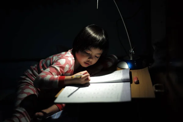 Портрет Маленьких Азиатских Девочек Делающих Уроки Лампой Освещения Темной Комнате — стоковое фото