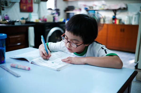 Retrato Niña Asiática Haciendo Sus Deberes Después Escuela Casa — Foto de Stock