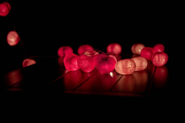 Closeup Heart Shape Led Lights Line Puts Wooden Table Decorated — Stock Photo, Image