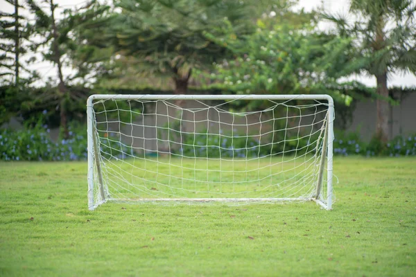 Küçük futbol gol halat boyu net tarih seçici odak bulanık Bahçe ve arka planda ağaçları ile çim sahada koyar