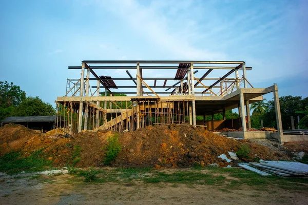 Perspectief Van Structuur Van Het Huis Aanbouw Locatie Met Blauwe — Stockfoto