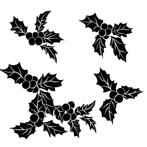 Conjunto de Natal azevinho leaves.Black silhueta de Holly decoração de Natal tradicional — Vetor de Stock