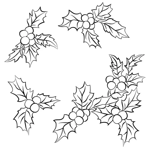 Karácsonyi magyal készlet levelek. Fekete körvonal Holly hagyományos karácsonyi dekorációs készlet — Stock Vector