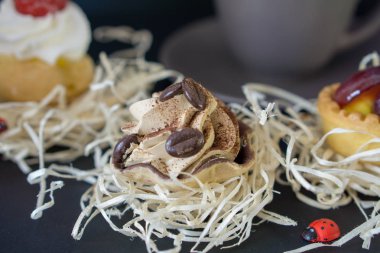 Diğer kek ile kahve krem ve shikalad olarak kahve çekirdekleri ile dekor, arka plan bulanık ile ilahi kek