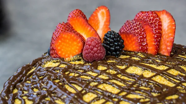 Pastel de esponja en la parte superior chocolate y frutas — Foto de Stock
