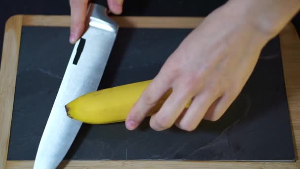 Close Woman Hands Take Knife Cut Chicken Breast Exactly Half — Stock Video