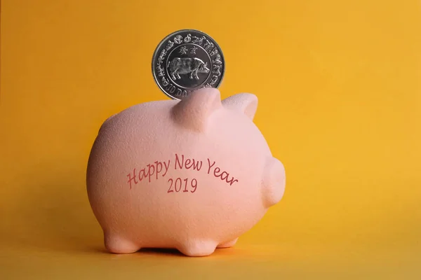 Pig piggy bank pink on a yellow background with a coin depicting a pig