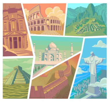 Dünyanın yedi harikası modern vektör illüstrasyon büyük duvar of China Petra Mesih The Redeemer Machu Picche Chichen Itza Colosseum Taj Mahal 