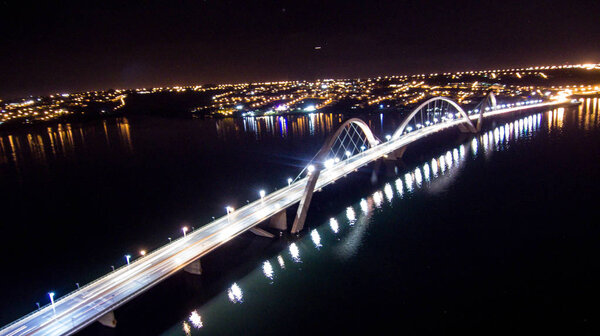 Flight over JK Bridge, cultural heritage of brasilia.