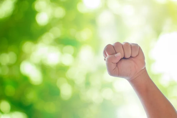 Raising hands on green natural bokeh blurred abstract background.