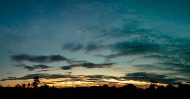 Alacakaranlık gökyüzü ve ağaçlı yağmurlu bulut. Yüksek ses seviyesi. Nig.