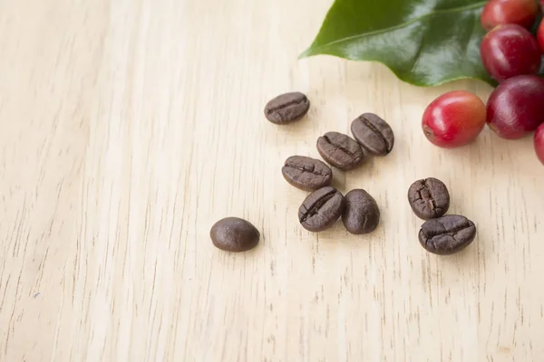 coffee berry and coffee beans on wooden panel