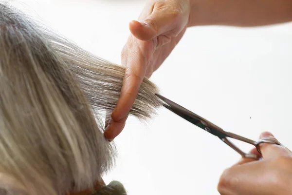 Closeup Barber Scissors Cutting Hair — Stock Photo, Image