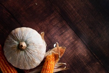 Metin eklemek için telif alanı olan tahta zemin üzerinde balkabağı.