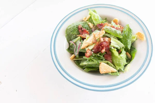 Closeup Healthy Caesar Salad Croutons Ham Sliced — Stock Photo, Image
