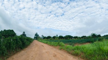 Tarım arazisi arka planına yağmur yağmadan önce beyaz bulutlu mavi gökyüzü..