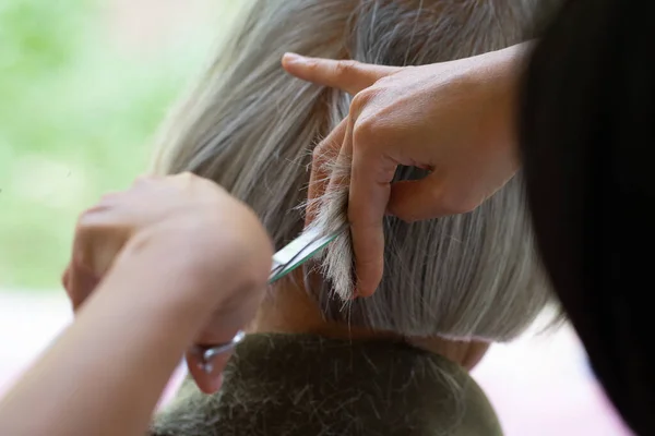 Closeup Barber Scissors Cutting Hair — Stock Photo, Image