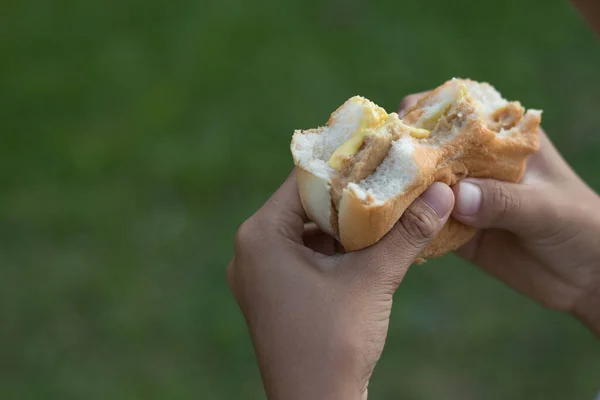 Zbliżenie Strony Trzymając Hamburger Jedzenia Koncepcja Żywności — Zdjęcie stockowe