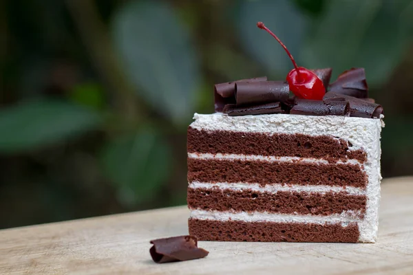 Piece Chocolate Cake Vanilla Frosting Cherry Jelly Topped White Cheese — Stock Photo, Image