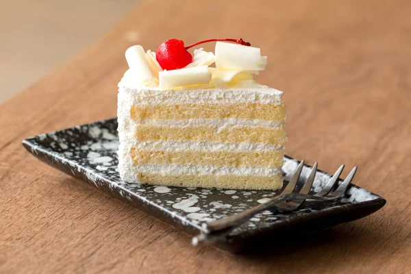 Piece White Cake Vanilla Frosting Cherry Jelly Topped White Cheese — Stock Photo, Image