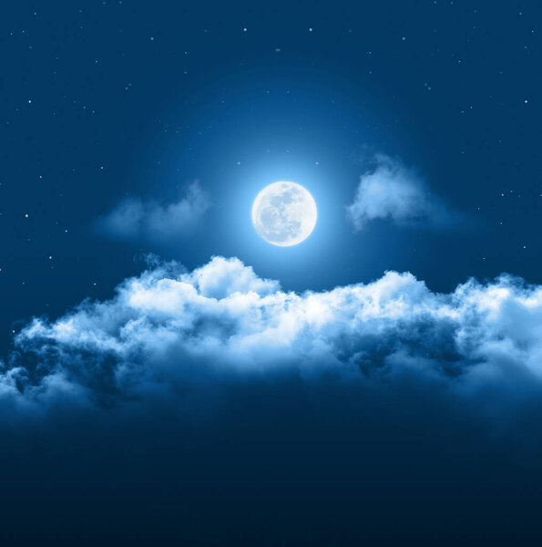 Mystical Night sky background with full moon, clouds and stars. Moonlight night with copy space for winter background.