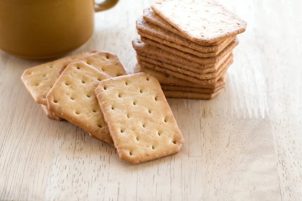 Milk Cracker Cookies Served Hot Coffee Wooden Desk Time Break — Stock Photo, Image