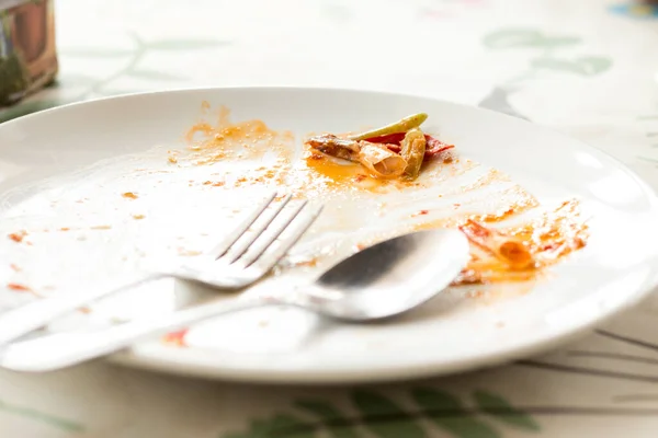 Primer Plano Del Plato Blanco Vacío Con Tenedor Cuchara Después — Foto de Stock