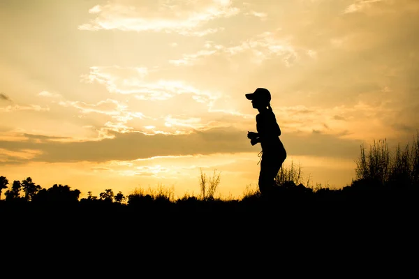 Fitness Silueta Sunrise Jogging Cvičení Wellness Koncept — Stock fotografie