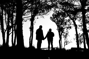 Aşk silueti Ağaçlarda bir çift sınır, arka ve beyaz tonda.