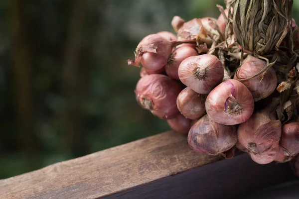 Kaliteli mutfaktaki ahşap masanın üzerindeki arpacık soğanının kapağı..