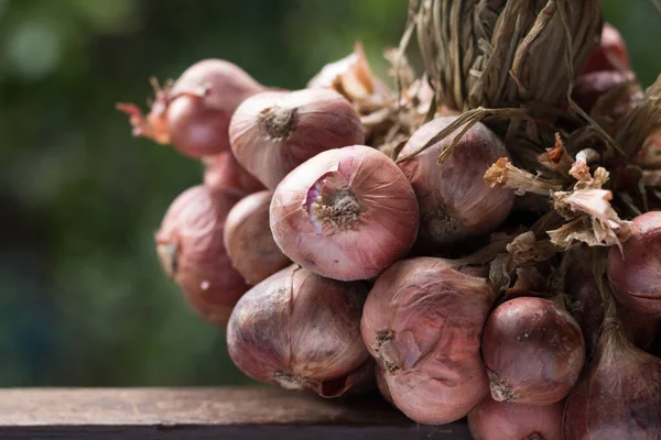 Kaliteli mutfaktaki ahşap masanın üzerindeki arpacık soğanının kapağı..