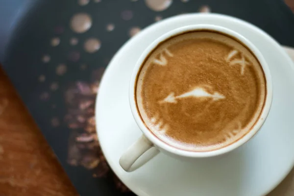 Closeup Cup Latte Art Hot Coffee Wooden Table Top Background — Φωτογραφία Αρχείου