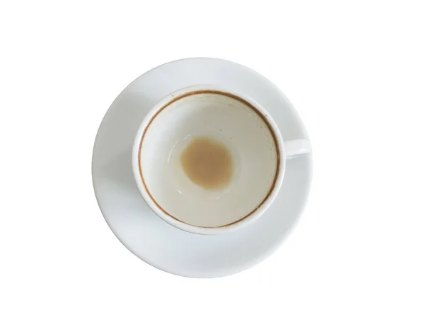 Fechar Xícara Café Branco Vazio Após Bebida Mesa Madeira — Fotografia de Stock