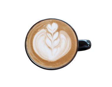 Beyaz arka planda bir fincan sıcak latte sanat kahvesi.