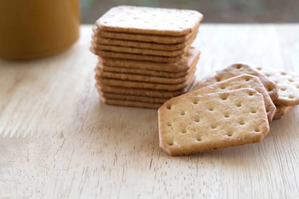 Milk Cracker Cookies Served Hot Coffee Wooden Desk Time Break — Stock Photo, Image
