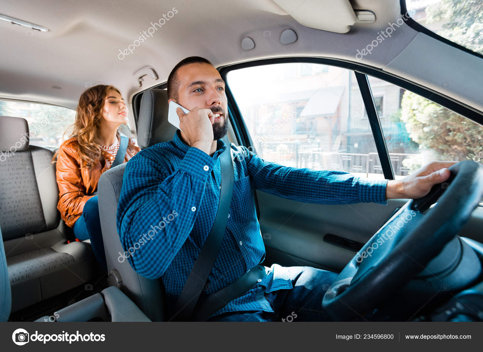 Taxi Driver Driving Car Talking Mobile Phone Woman Sitting Background Stock  Photo by © 234596800