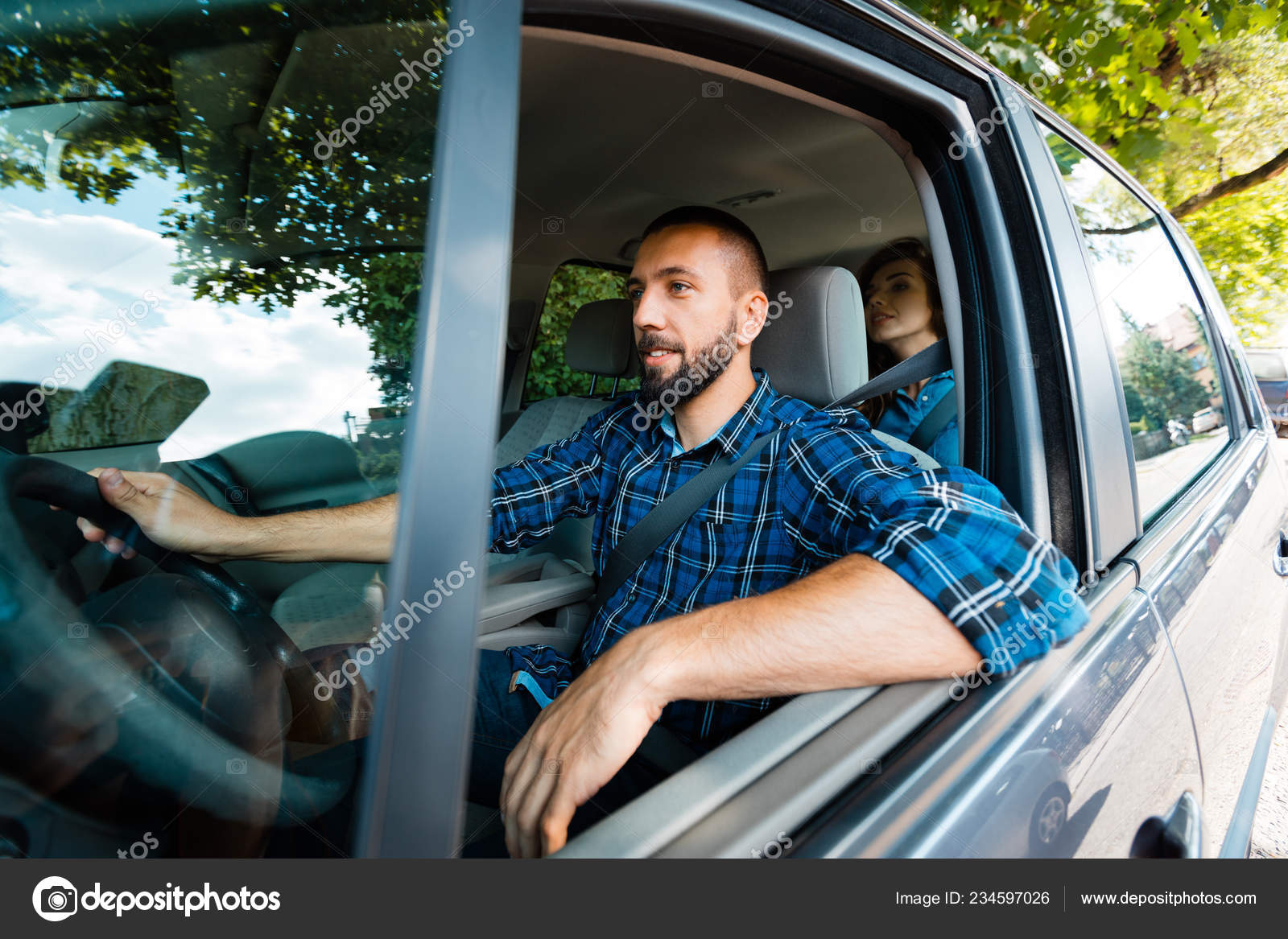Cheerful Taxi Driver Sitting Car Passenger Background Stock Photo by  © 234597026