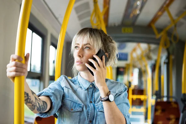 Young Woman City Transport Talking Mobile Phone — Stock Photo, Image