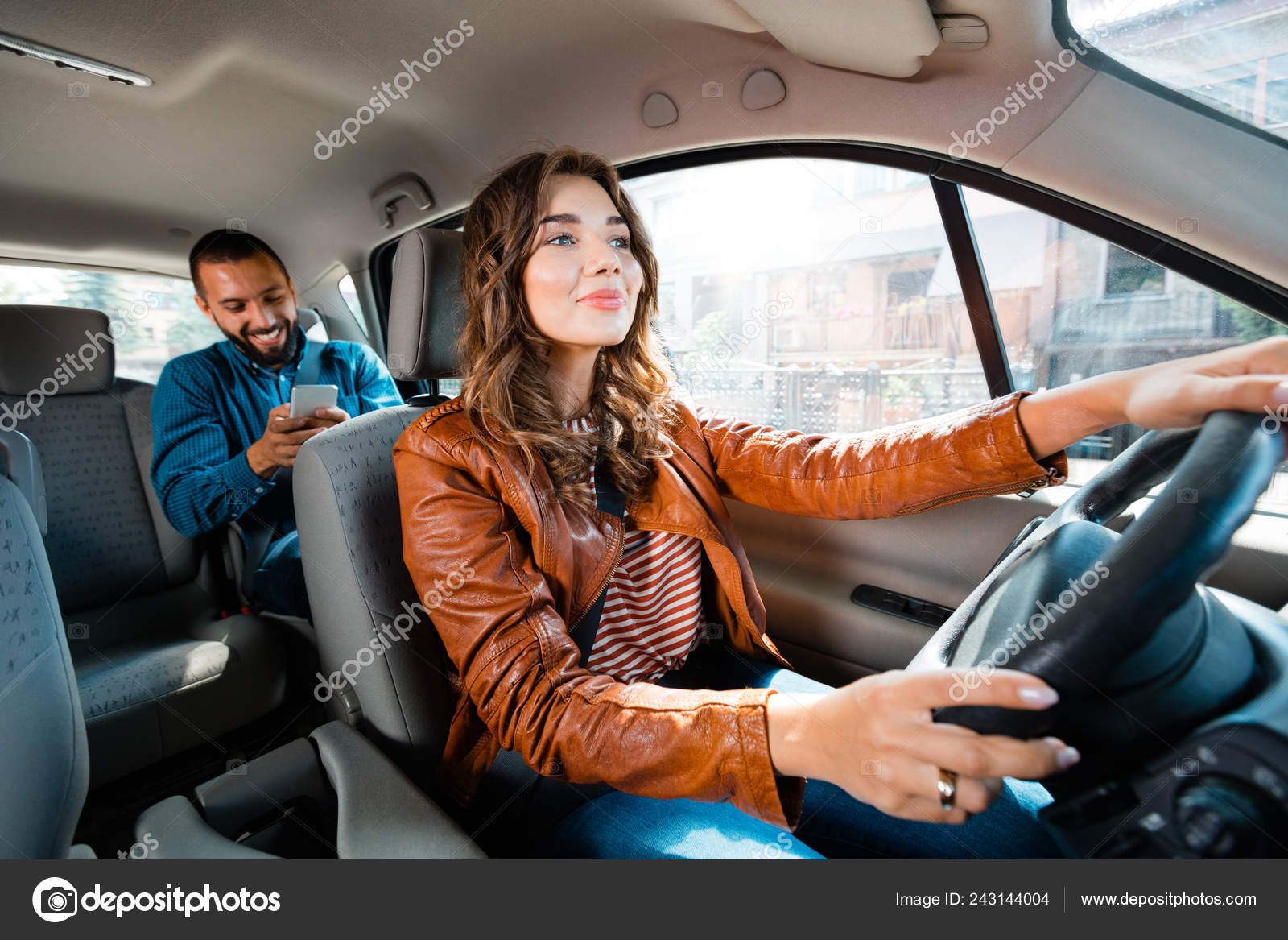 Female Taxi Driver Driving Car Male Passenger Sitting Background Using  Stock Photo by © 243144004