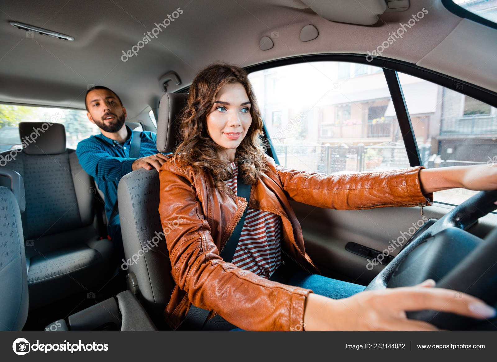Female Taxi Driver Driving Car Male Passenger Sitting Background Stock  Photo by © 243144082