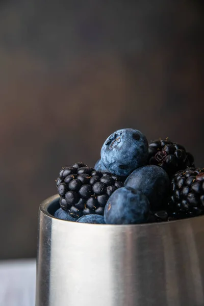 Juicy Fresh Berries Metal Mug Closeup — Stock Photo, Image